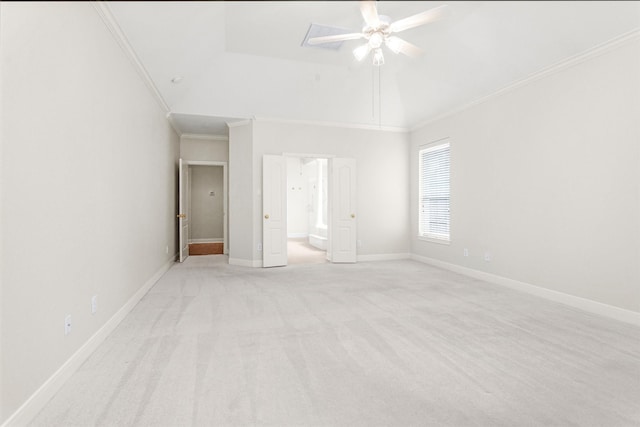 14015 Halprin Creek Dr, Cypress, TX 77429 - empty room with ceiling fan, vaulted ceiling, crown molding, and light carpet