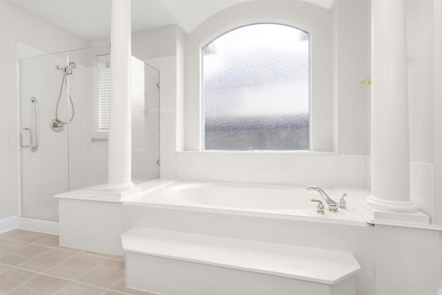 14015 Halprin Creek Dr, Cypress, TX 77429 - bathroom with a stall shower, a bath, plenty of natural light, and tile patterned flooring