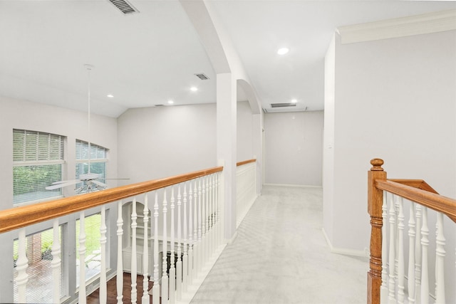 14015 Halprin Creek Dr, Cypress, TX 77429 - hallway with an upstairs landing, plenty of natural light, recessed lighting, and carpet floors