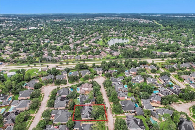 14015 Halprin Creek Dr, Cypress, TX 77429 - aerial perspective of suburban area featuring property boundaries highlighted and a nearby body of water