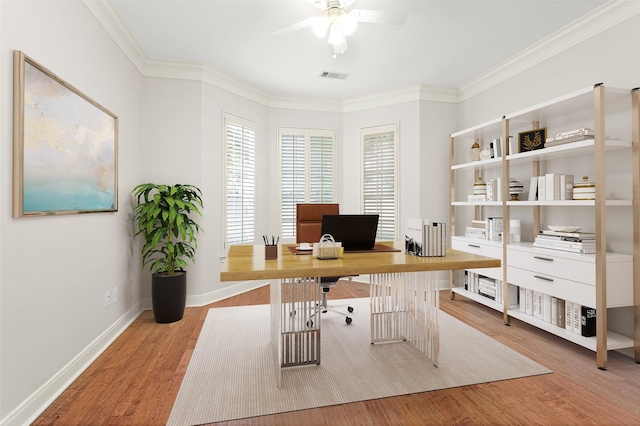14015 Halprin Creek Dr, Cypress, TX 77429 - office featuring a ceiling fan, wood finished floors, and crown molding