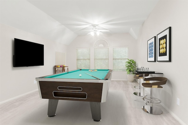 14015 Halprin Creek Dr, Cypress, TX 77429 - playroom with pool table, a ceiling fan, vaulted ceiling, and wood finished floors