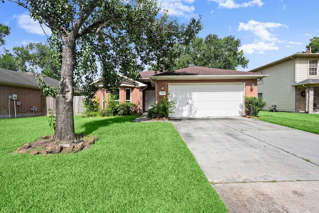 15819 Nutcracker Ct, Humble, TX 77396 - ranch-style home with brick siding, driveway, a garage, and a front yard