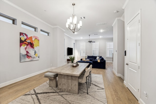 846 Dunleigh Meadows Ln, Houston, TX 77055 - dining space featuring ornamental molding, a chandelier, light wood-type flooring, recessed lighting, and a ceiling fan