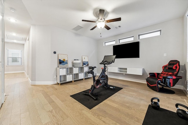 846 Dunleigh Meadows Ln, Houston, TX 77055 - workout room with ceiling fan, wood finished floors, and attic access
