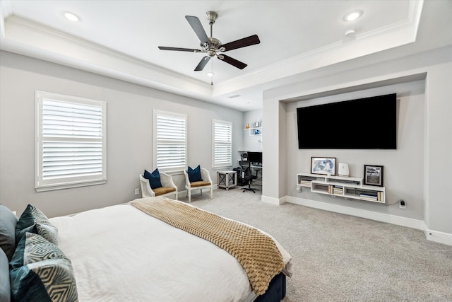 846 Dunleigh Meadows Ln, Houston, TX 77055 - carpeted bedroom with a tray ceiling, crown molding, recessed lighting, an office area, and a ceiling fan