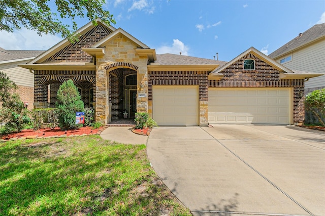 4507 Cinco Forest Trl, Katy, TX 77494 - view of front of home featuring brick siding, an attached garage, stone siding, and concrete driveway