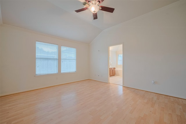 5515 Brookhollow Pines Ct, Houston, TX 77084 - empty room featuring vaulted ceiling, a ceiling fan, light wood finished floors, and ornamental molding