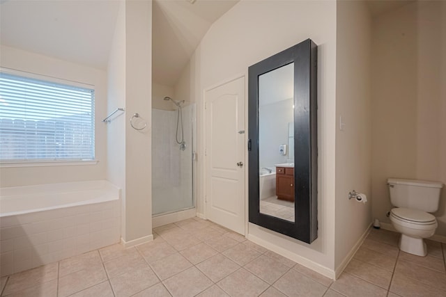 5515 Brookhollow Pines Ct, Houston, TX 77084 - full bathroom with a garden tub, tile patterned flooring, a stall shower, and vaulted ceiling