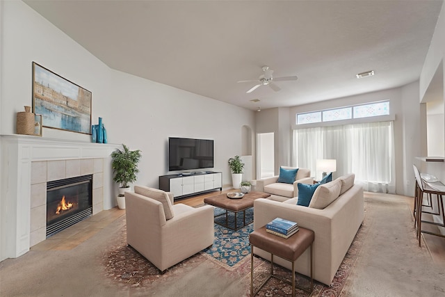 5723 Painted Trail Dr, Houston, TX 77084 - living room with ceiling fan and a tile fireplace