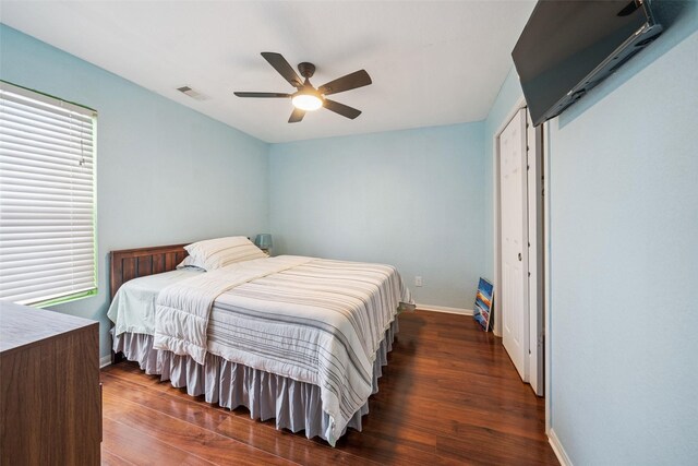 16743 Fallen Timbers Dr, Conroe, TX 77385 - bedroom featuring wood finished floors and ceiling fan