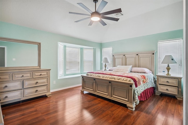 16743 Fallen Timbers Dr, Conroe, TX 77385 - bedroom with vaulted ceiling, dark wood-type flooring, and ceiling fan