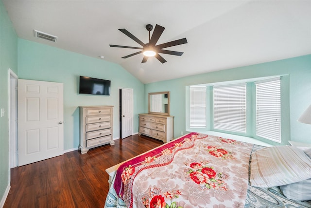16743 Fallen Timbers Dr, Conroe, TX 77385 - bedroom with vaulted ceiling, wood finished floors, and a ceiling fan