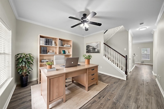 8342 Cassidy Creek Ct, Houston, TX 77095 - office featuring a ceiling fan, dark wood finished floors, and crown molding