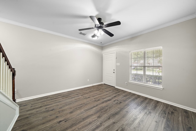 8342 Cassidy Creek Ct, Houston, TX 77095 - unfurnished room with a ceiling fan, crown molding, dark wood-style flooring, and stairs