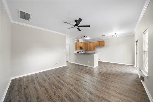 8342 Cassidy Creek Ct, Houston, TX 77095 - unfurnished living room with ornamental molding, dark wood-style flooring, and a ceiling fan