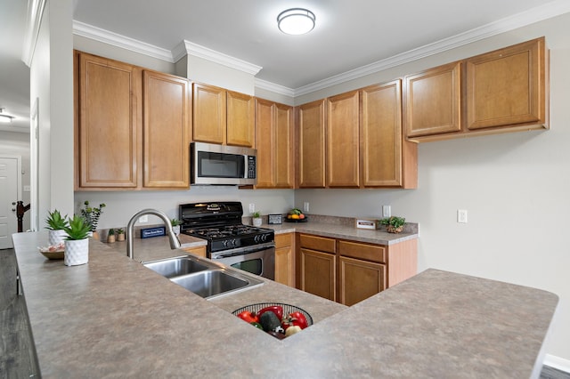 8342 Cassidy Creek Ct, Houston, TX 77095 - kitchen with stainless steel appliances, ornamental molding, light countertops, and a peninsula