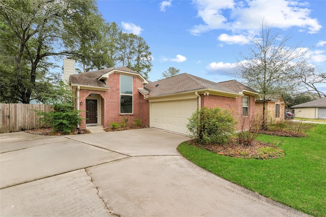 12319 Hamsfield Ct, Tomball, TX 77377 - view of front of home featuring brick siding, driveway, a chimney, an attached garage, and a shingled roof