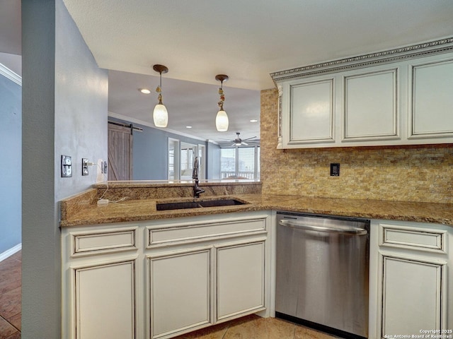 15002 Windward Dr Unit 207, Corpus Christi, TX 78418 - kitchen featuring dishwasher, backsplash, a ceiling fan, hanging light fixtures, and crown molding