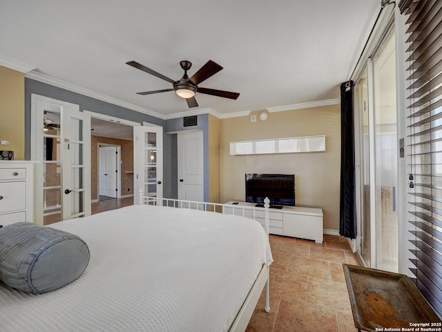 15002 Windward Dr Unit 207, Corpus Christi, TX 78418 - bedroom featuring french doors, stone tile flooring, crown molding, and a ceiling fan