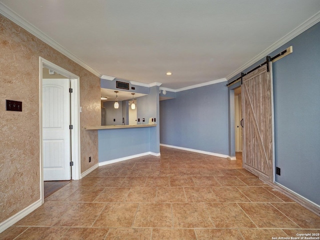 15002 Windward Dr Unit 207, Corpus Christi, TX 78418 - unfurnished living room featuring crown molding and a barn door