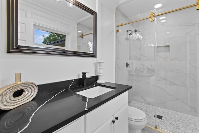 806 Lyngrove Dr, Houston, TX 77038 - full bathroom featuring vanity, a marble finish shower, and crown molding