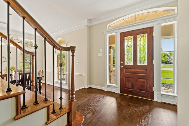 33318 Winsford St, Fulshear, TX 77441 - foyer entrance featuring healthy amount of natural light, wood-type flooring, crown molding, and stairway