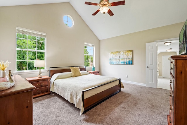 33318 Winsford St, Fulshear, TX 77441 - bedroom with high vaulted ceiling, carpet, and ceiling fan