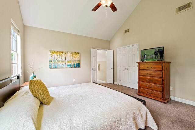 33318 Winsford St, Fulshear, TX 77441 - bedroom featuring carpet floors, high vaulted ceiling, a closet, and ceiling fan