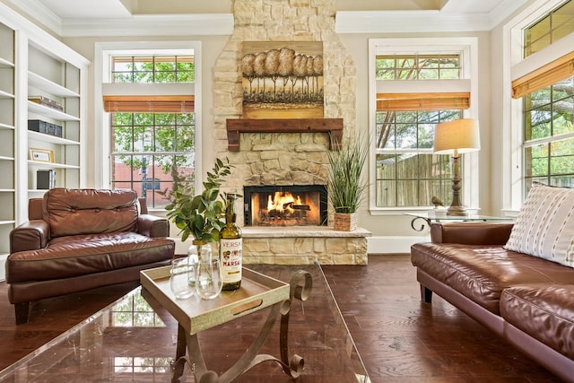33318 Winsford St, Fulshear, TX 77441 - living room with crown molding, wood-type flooring, and a fireplace