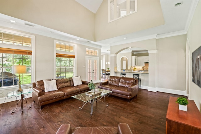 33318 Winsford St, Fulshear, TX 77441 - living room featuring arched walkways, crown molding, wood-type flooring, high vaulted ceiling, and recessed lighting