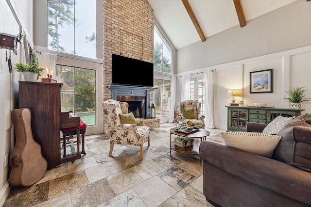 14615 Sunny Grove Dr, Houston, TX 77070 - living room featuring high vaulted ceiling, a brick fireplace, beam ceiling, and stone tile floors