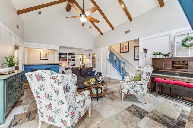 14615 Sunny Grove Dr, Houston, TX 77070 - living room with high vaulted ceiling, ceiling fan, light stone finish flooring, beam ceiling, and stairs