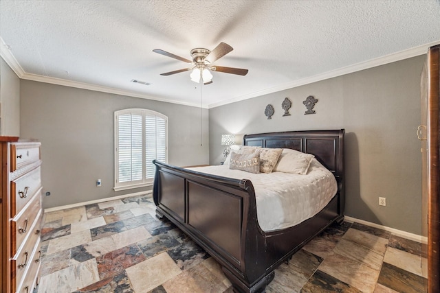 14615 Sunny Grove Dr, Houston, TX 77070 - bedroom with stone tile flooring, crown molding, ceiling fan, and a textured ceiling
