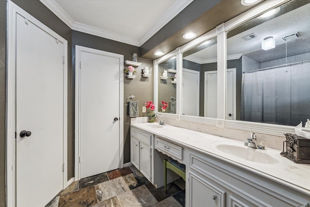 14615 Sunny Grove Dr, Houston, TX 77070 - bathroom featuring double vanity, stone tile floors, ornamental molding, and a shower with shower curtain