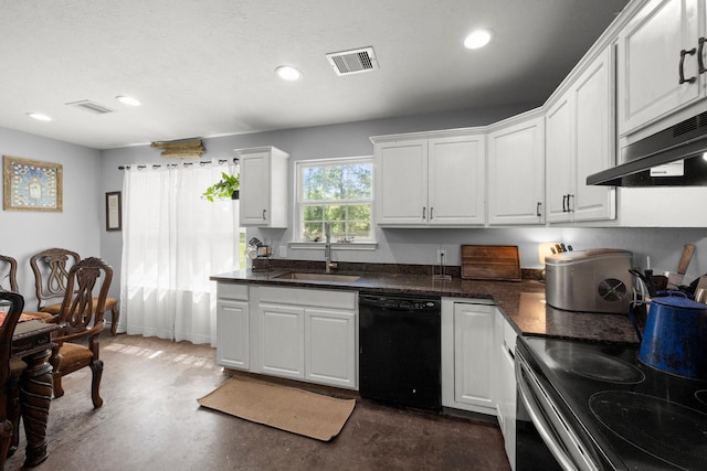 683 Cross Timbers, Livingston, TX 77351 - kitchen featuring dishwasher, stainless steel range with electric cooktop, white cabinets, recessed lighting, and concrete floors