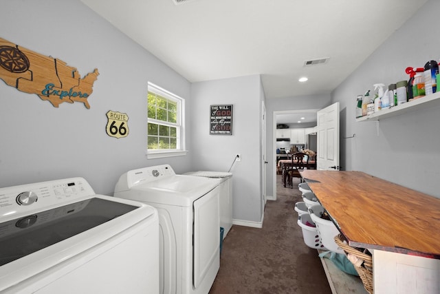 683 Cross Timbers, Livingston, TX 77351 - laundry area featuring washer and clothes dryer, dark colored carpet, and recessed lighting