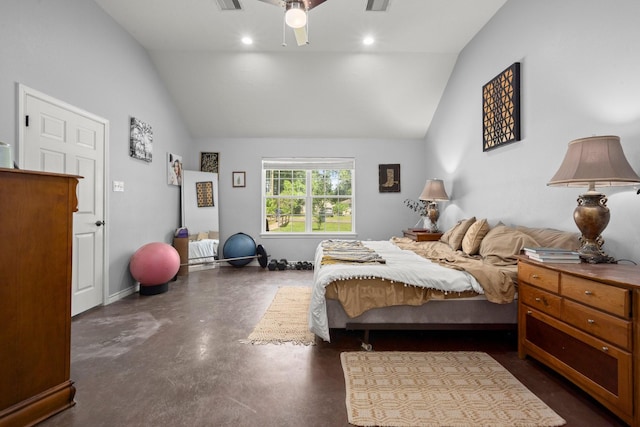 683 Cross Timbers, Livingston, TX 77351 - bedroom with lofted ceiling, concrete floors, and a ceiling fan