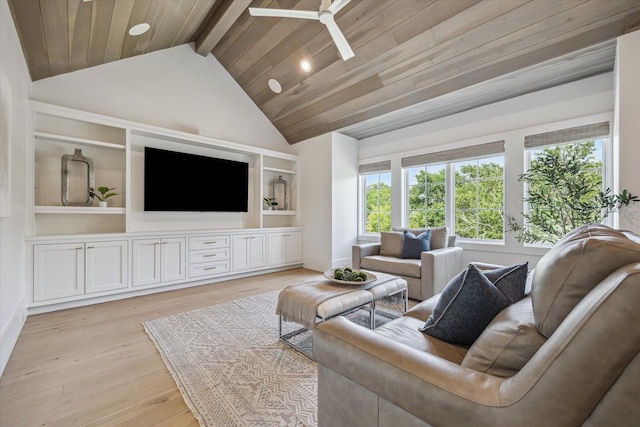 6626 Westchester Ave, West University Place, TX 77005 - living area featuring light wood-style flooring, a ceiling fan, recessed lighting, built in features, and wood ceiling