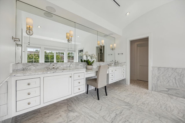 6626 Westchester Ave, West University Place, TX 77005 - bathroom with vanity, vaulted ceiling, marble finish flooring, and recessed lighting