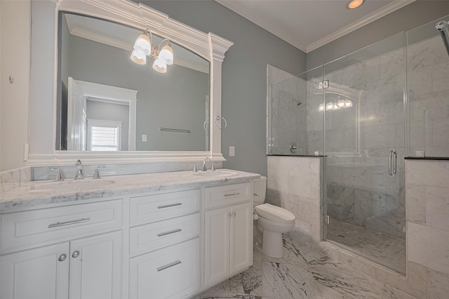 2106 Bidwell Dr, Houston, TX 77018 - bathroom with ornamental molding, a marble finish shower, double vanity, a chandelier, and marble finish flooring