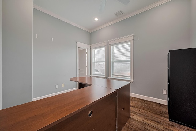 2106 Bidwell Dr, Houston, TX 77018 - unfurnished office with crown molding, dark wood-type flooring, a ceiling fan, and recessed lighting