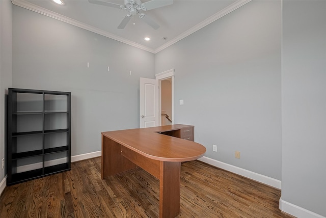2106 Bidwell Dr, Houston, TX 77018 - unfurnished office featuring ceiling fan, recessed lighting, crown molding, and dark wood-style floors