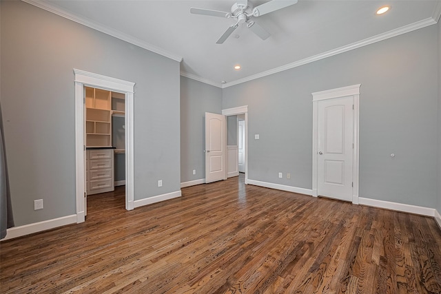 2106 Bidwell Dr, Houston, TX 77018 - unfurnished bedroom featuring ornamental molding, recessed lighting, wood finished floors, a walk in closet, and a ceiling fan