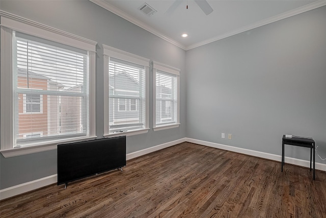 2106 Bidwell Dr, Houston, TX 77018 - unfurnished room with ornamental molding, dark wood-type flooring, a ceiling fan, and recessed lighting