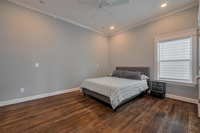 2106 Bidwell Dr, Houston, TX 77018 - bedroom with dark wood finished floors, crown molding, recessed lighting, and ceiling fan