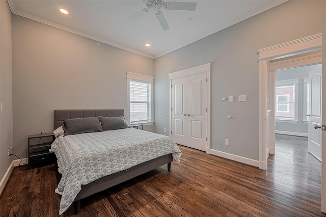 2106 Bidwell Dr, Houston, TX 77018 - bedroom featuring multiple windows, crown molding, dark wood finished floors, recessed lighting, and ceiling fan