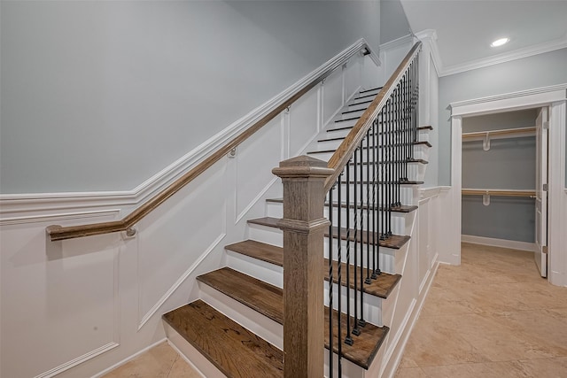2106 Bidwell Dr, Houston, TX 77018 - stairway with ornamental molding, tile patterned flooring, and recessed lighting