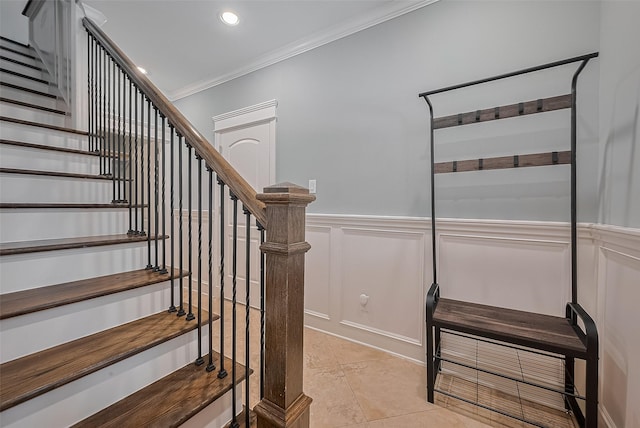 2106 Bidwell Dr, Houston, TX 77018 - stairs with ornamental molding, a wainscoted wall, tile patterned floors, a decorative wall, and recessed lighting