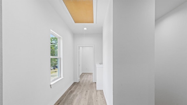 1719 Esther St B, Unit A, Houston, TX 77088 - hall with attic access, wood finished floors, and recessed lighting